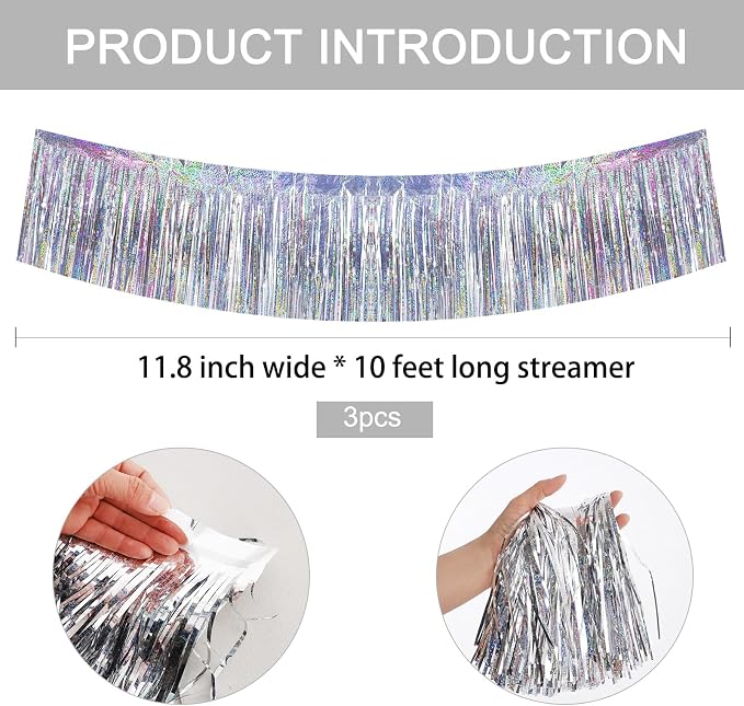 BEISHIDA Laser Silver Fringe Garland Banner 30ft Wall Tinsel Foil Streamers | - Image 2