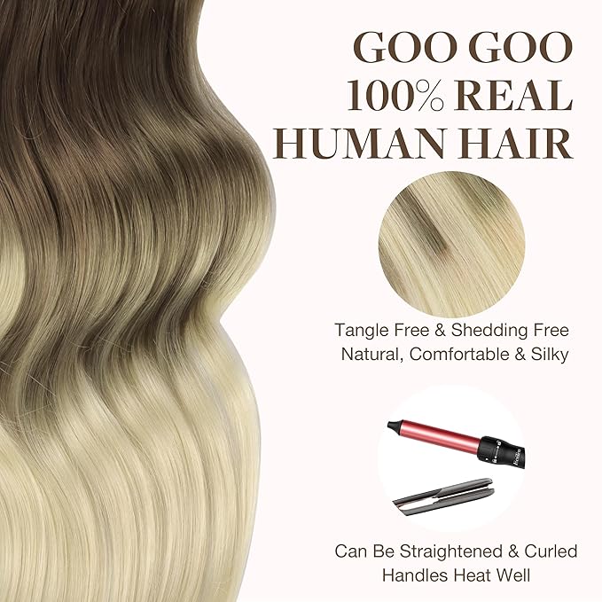 GOO GOO Tape in Hair Extensions Human Hair, 9/60 Balayage Ash Brown to Platinum Blonde, 22inch 30g 10pcs, Skin Weft Seamless Invisible, Silky Straight with Thick Ends, Remy Human Hair