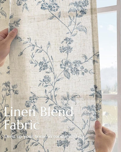 jinchan Blue Floral Linen Curtains 63 Inch French Country Back Tab 2 Panels | - Image 3
