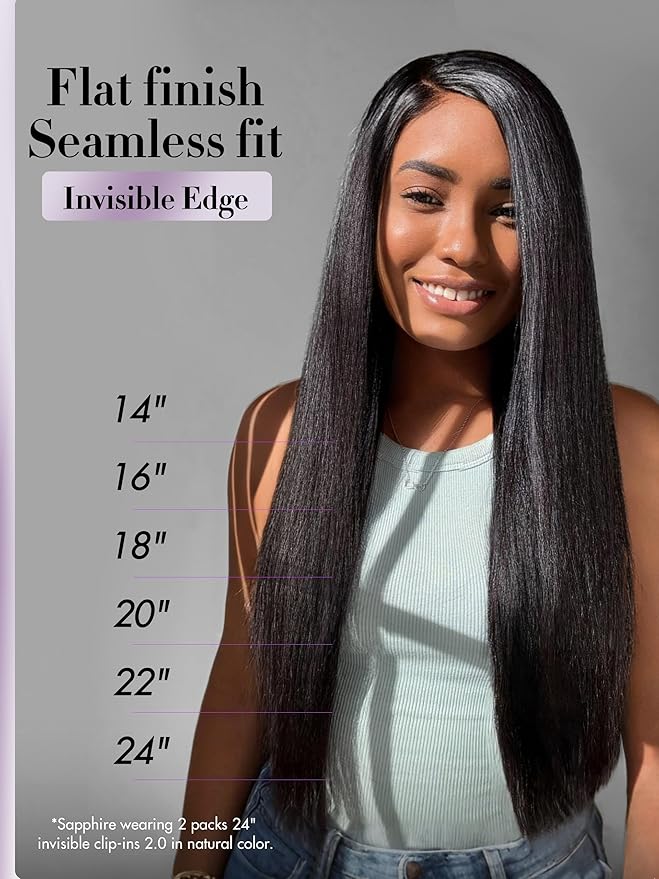 LUVME Invisible Clip in Hair Extensions, Yaki Straight Real Human Hair 18 Inch 2 Pack 220g 12pcs Clip ins Hair Extensions Natural Black for Women