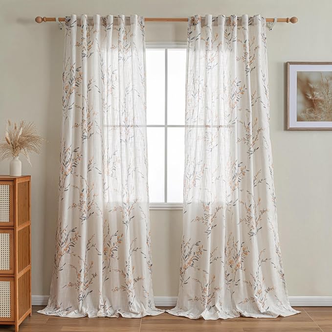 MYSKY HOME Sheer Curtains 108 Inch Length Semi Flax Linen Floral Farmhouse - Image 2