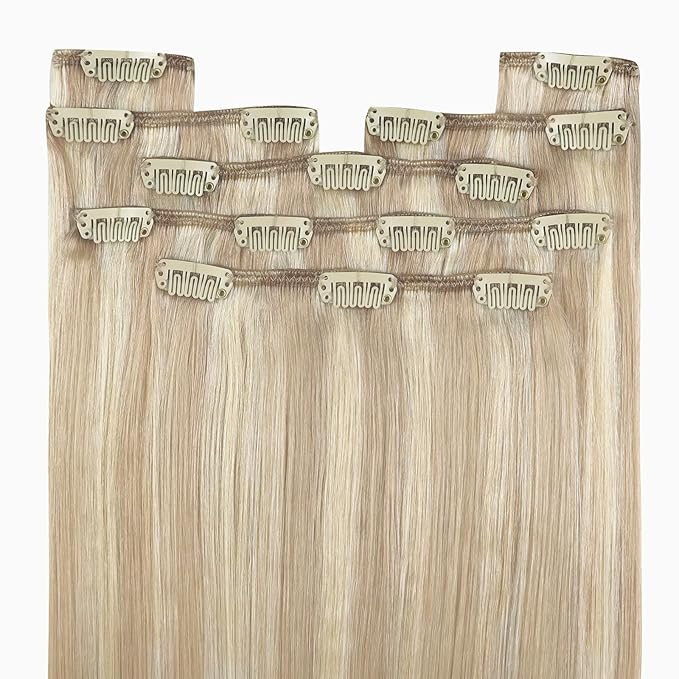 YoungSee Blonde Clip in Hair Extensions Human Hair Highlight Real Hair Extensions Clip in Human Hair Ash Mix Bleach Blonde Clip on Hair Extensions for Women 18Inch 7Pcs 120G