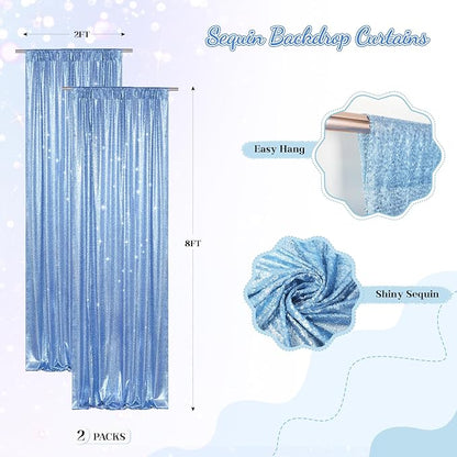 PartyDelight Baby Blue Sequin Backdrop Curtains 2x8ft 2 Panels | Sparkly 3mm - Image 2
