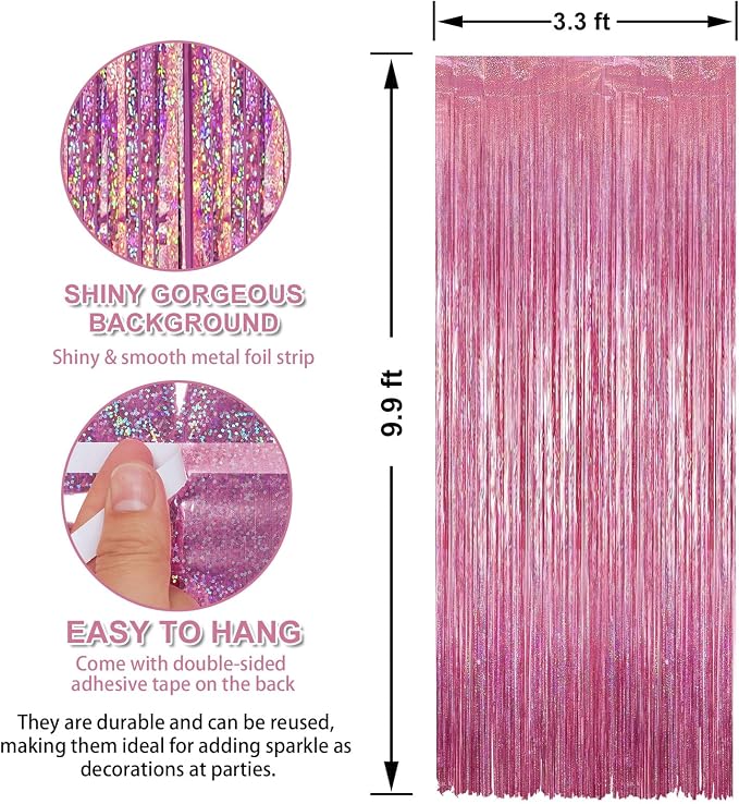 7 Pack 3.3 x 9.9 ft Holographic Bright Pink Streamers Party Decorations | Foil - Image 2
