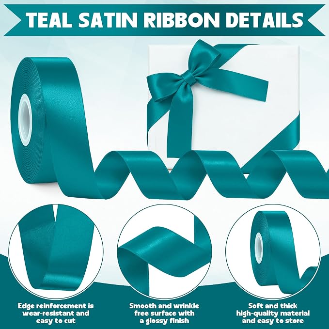 1In 30Yards Teal Satin Ribbon for Gift Wrapping Wedding Christmas Party | Sleek - Image 3