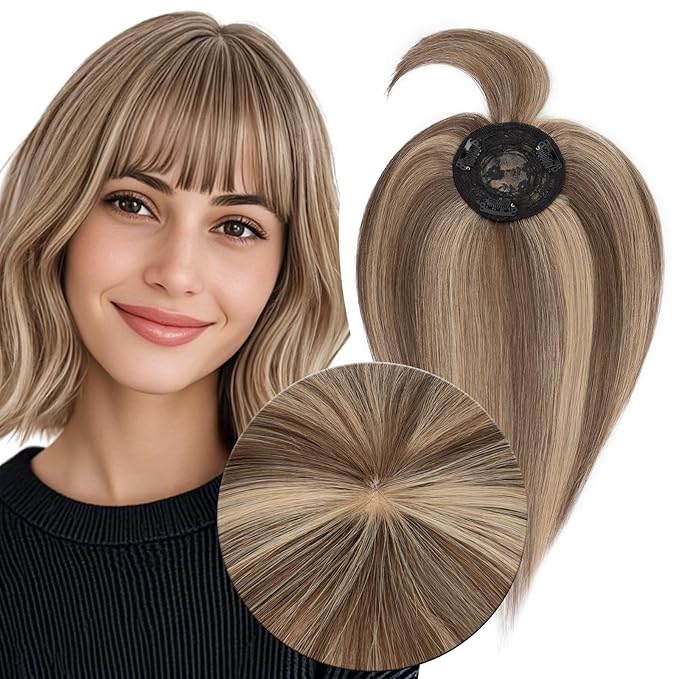MY-LADY Human Hair Toppers for Women Real Human Hair with Bangs Thin 8.5 * 8.5CM Mono Base Clip in Remy Hairpieces Light Weight 12 Inch Medium Brown Mixed Dark Blonde