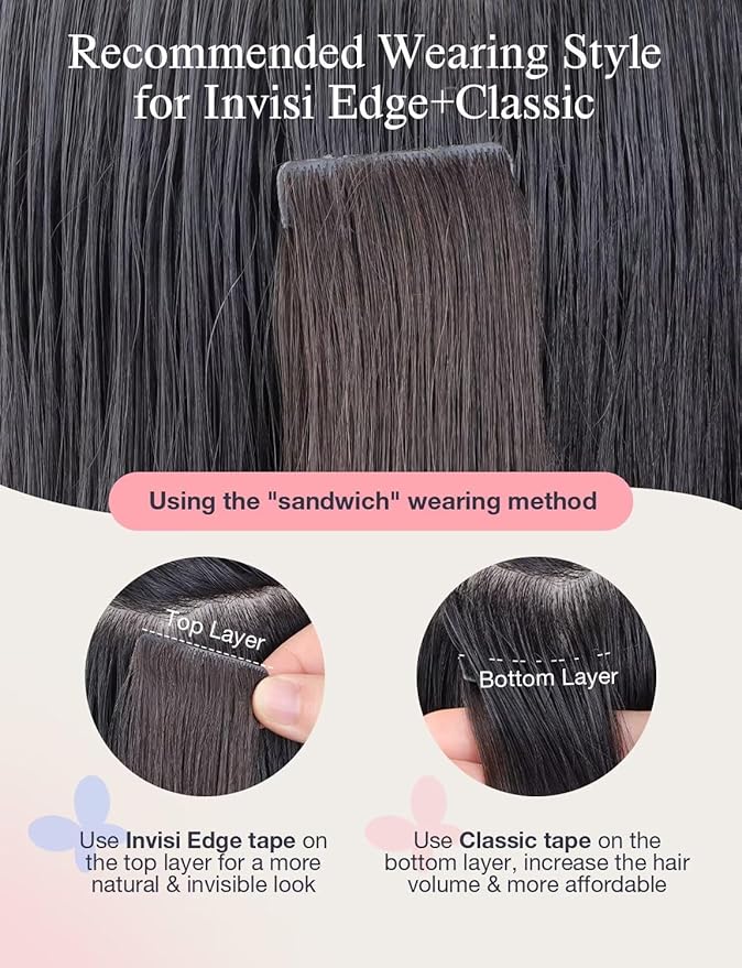 DOORES Invisi Edge Human Hair Extensions Tape in, Natural Black to Light Blonde 10pcs Injection Tapeins, 25g 18 Inch, Injected Tape in Extensions Virgin Human Hair