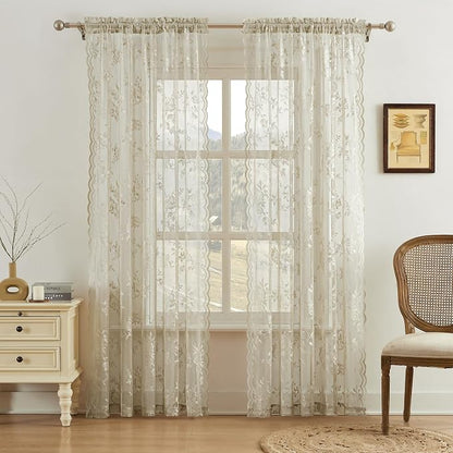 Khaki Lace Curtains 54 Inch Length 2 Panels Set Country Taupe Floral Curtains - Image 2