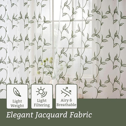 Sheer Curtains Boho Leaf Floral Embroidered Green 54Wx96L | Light Filtering - Image 5