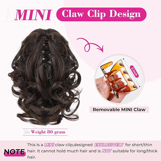 REECHO Ponytail Extension, 9" Short Curly Wavy Claw Clip Synthetic Fiber Pony tails Hair Extensions HP001 Hairpieces for Women - Deep Brown