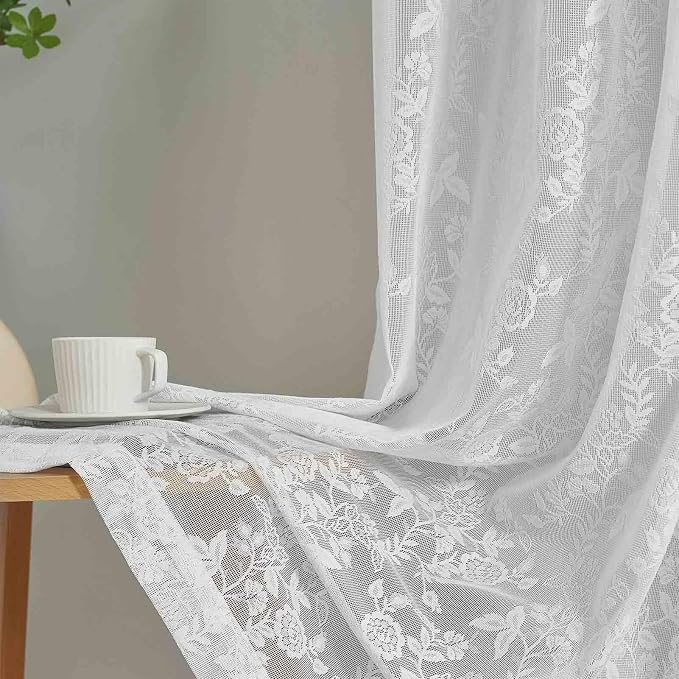 FINECITY White Lace Curtains for Bedroom Rustic Floral 52x90 Inch, 2 Panels | - Image 7