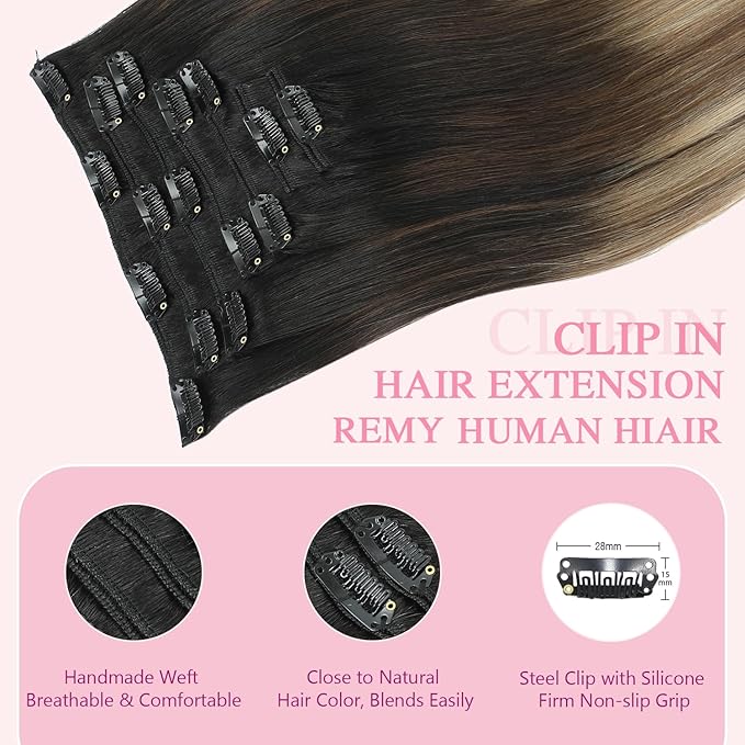 PINKPEARL Clip in Hair Extensions Real Human Hair #1B/4/27 Balayage Natural Black to Chocolate Brown and Caramel Blonde Clip in Hair 7pcs 120g 20inch Human Hair Extensios Clip ins(#1B/4/27-20)