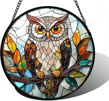 DASTOLL Stained Glass Window Hanging, Owl Colorful Leaves Birds Sun Catchers by DASTOLL