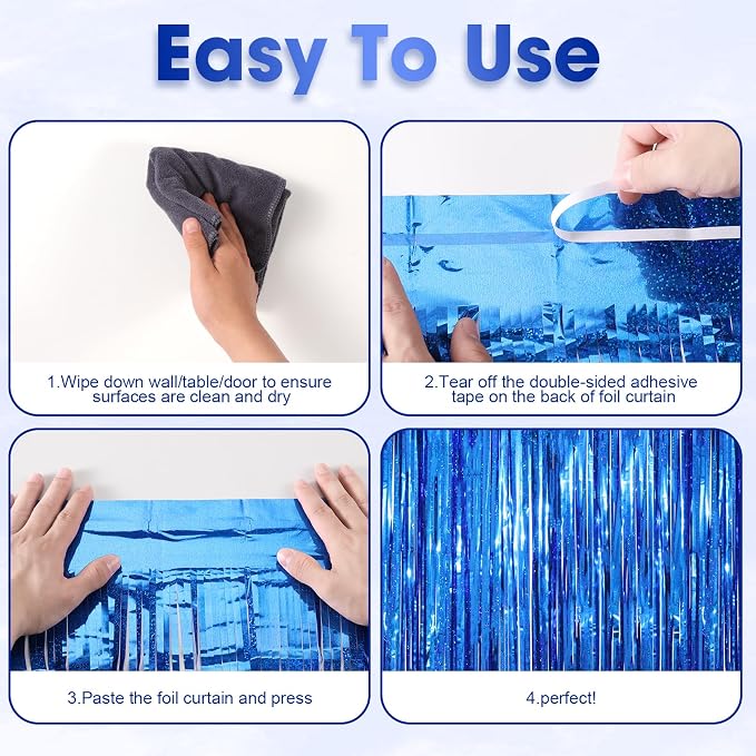 Voircoloria Laser Blue Foil Fringe Backdrop Curtains, 2 Pack | Tinsel Streamers - Image 5