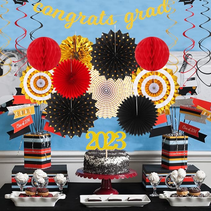 Red-Black Gold Party-Decorations Graduation Banner-Streamers - Image 5