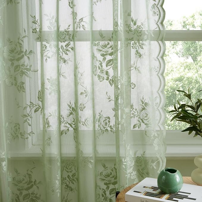 Sage Green Lace Curtains 108 Inches Long Spring Country Floral Sheer Curtains - Image 6
