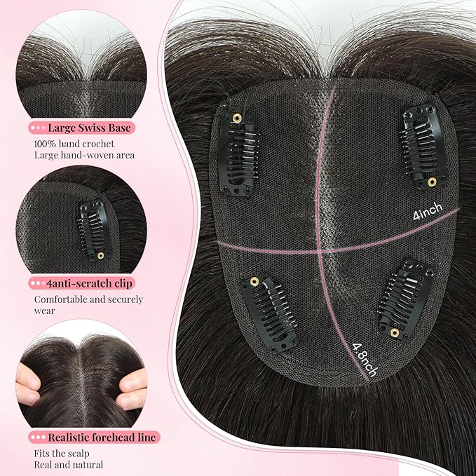 Hair Toppers for Women Real Human Hair Pieces for Women 12inch Hair Topper (Natural Black