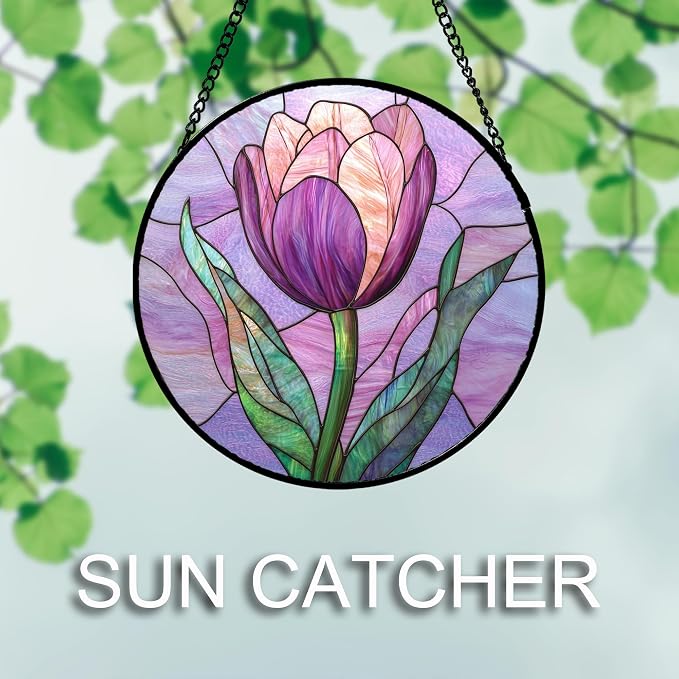 DASTOLL Stained Glass Window Hanging Purple Tulips Flower 7.8" - Image 4