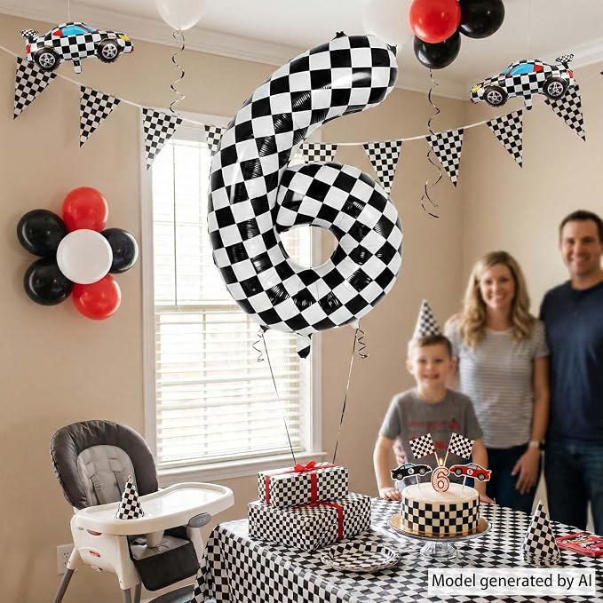 40 Inch Checkered Number 6 Balloon, Large Foil Black and White Number Balloons - Image 3