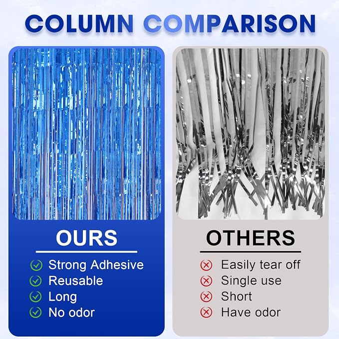 Voircoloria Laser Blue Foil Fringe Backdrop Curtains, 3 Pack | Tinsel Streamers - Image 6
