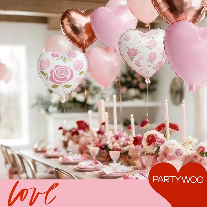 PartyWoo Pink White Rose White Gold Heart Foil Balloons 15pcs 18 Inch | Balloons - Image 3