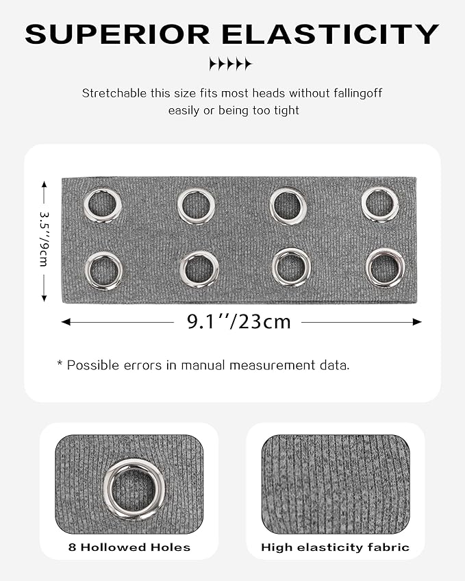 Grommet Headband for Women, Dark Gray 23cm Hollow Out Elastic Hair Band, Eyelets Punk Grunge Stylish Hairband