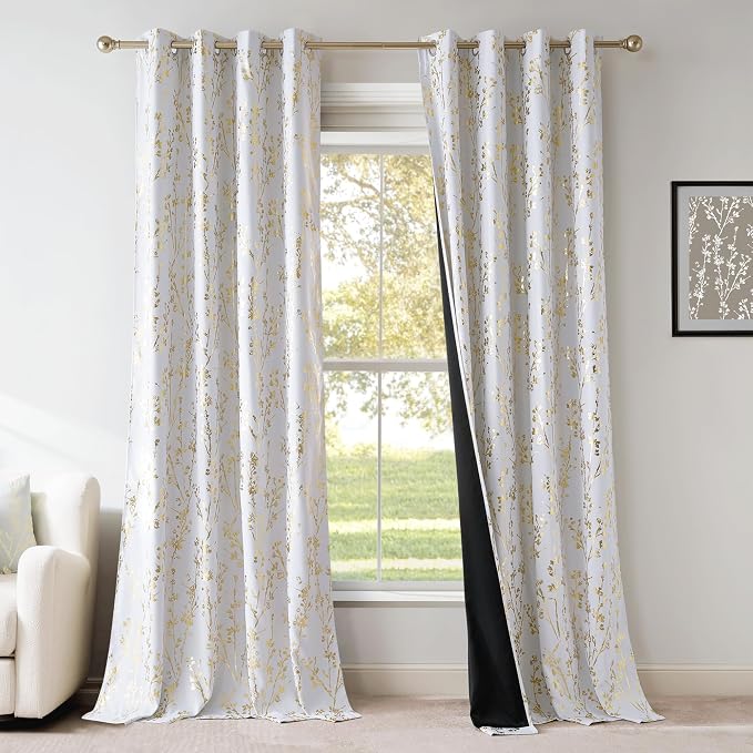 NICETOWN Gold Foil Printed Floral Curtains 100% Blackout, Grommet Branch - Image 7