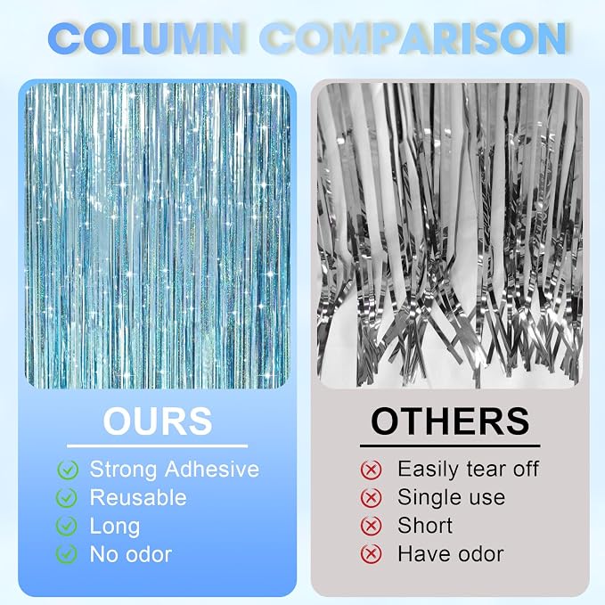 Voircoloria Laser Light Blue Fringe Backdrop Curtains, 3 Pack | Tinsel Streamers - Image 3