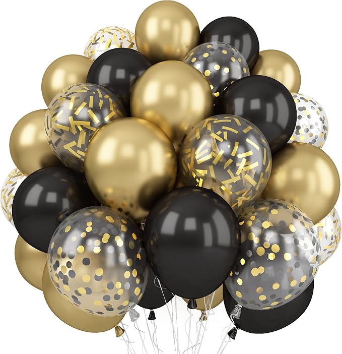 Balloons Black Gold, 60 Packs 12 Inch Black Metallic Chrome Gold Latex Balloons by Togvu