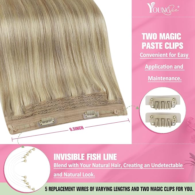 YoungSee Wire Human Hair Extensions Golden Blonde Wire Hair Extensions Real Human Hair Light Blonde Highlights Golden Blond Fish Line Hair Extension Soft Hair 80G 18In