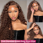 Chocolate Brown 13x6 Lace Front Wigs Human Hair 200 Density Deep Wave HD Lace Front Wigs Curly Glueless Wigs Pre Plucked 13x6 Frontal Human Hair Wigs for Women (26 Inch)