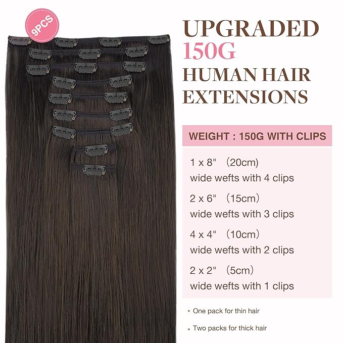 GOO GOO Clip in Hair Extensions Real Human Hair, Remy Human Hair Extensions Clip ins for Women, Natural Human Hair, 22inch 220g 9Pcs, #2 Dark Brown
