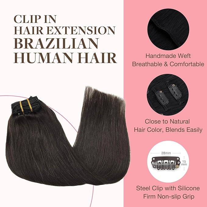 GOO GOO Clip in Hair Extensions Real Human Hair, Remy Human Hair Extensions Clip ins for Women, Natural Human Hair, 14inch 120g 7Pcs, 2 Dark Brown