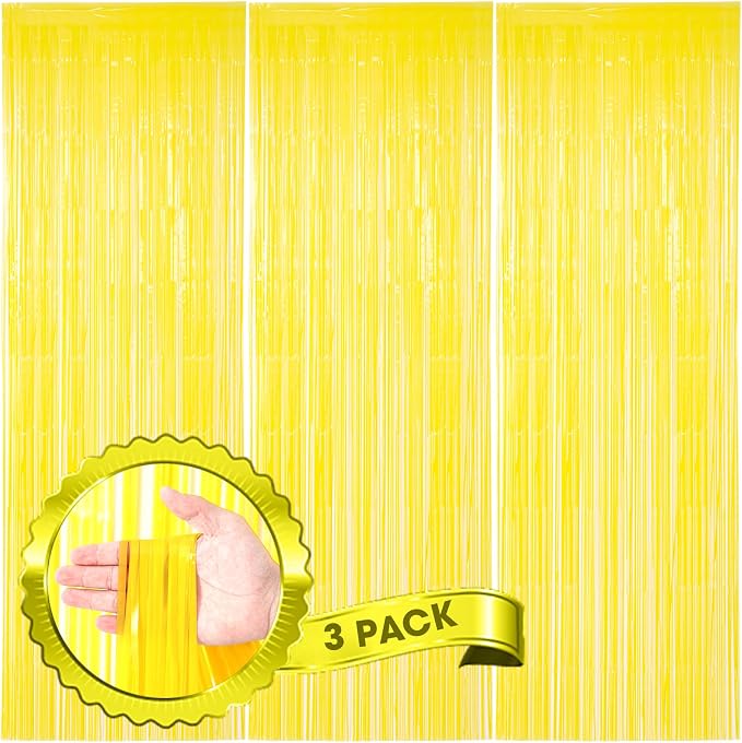 Voircoloria Pastel Yellow Foil Fringe Backdrop Curtains, 3 Pack | Tinsel by Voircoloria