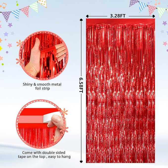 GCB 2 Pack Red Tinsel Backdrop, Fringe Curtains, Wedding Photo Backdrop Party - Image 3