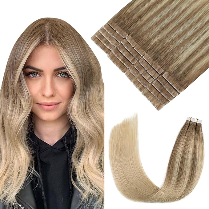 Pinkpearl Invisible Tape in Hair Extensions Human Hair, 20pcs 16inch 45g #8T60 Balayage Ash Brown to Platinum Blonde Injection Tape in Extensions Real Remy Seamless Human Hair Injected
