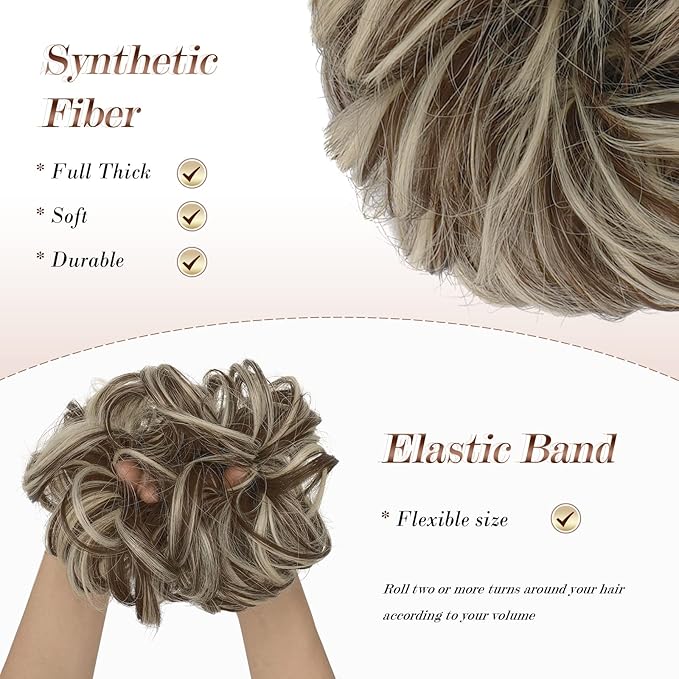 FESHFEN Messy Bun Hair Piece - Elastic Wavy Curly Hair Bun Scrunchies Extensions Synthetic Chignon Hairpieces for Women Girls, Golden Brown & Bleach Blonde 1.5 oz
