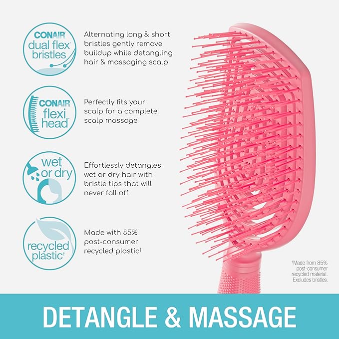 Conair Scalp Care Detangling hairbrush - Curly Hair Brush - Scalp Massager - hairbrushes for women & men - detangler for all lengths and types - can use wet or dry - Pink Pulse