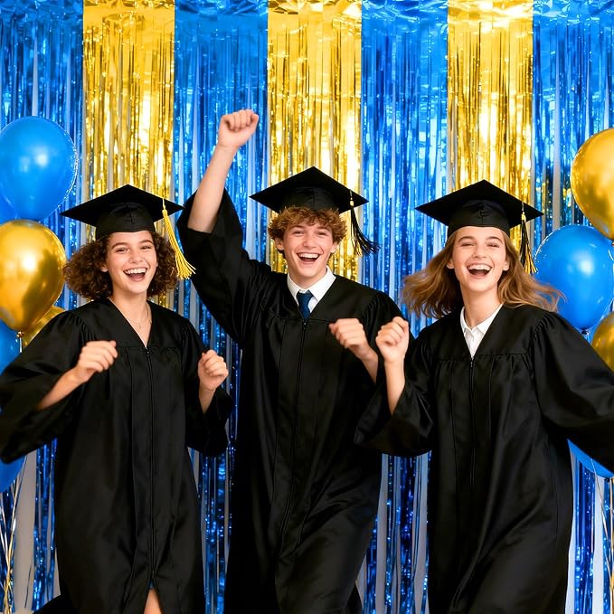 jijAcraft Blue Gold Tinsel Foil Fringe Curtain, 3 Pack 3.2x6.5 Feet Graduation - Image 4