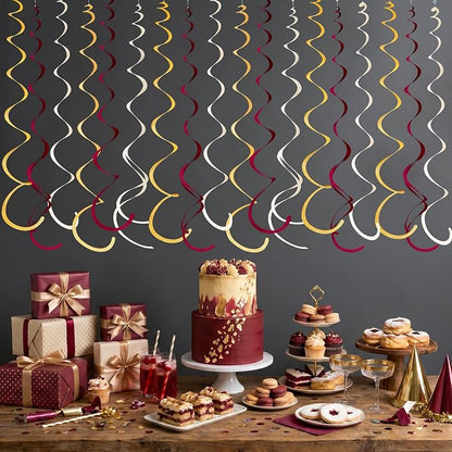 36 Pcs Maroon Gold Hanging Swirl Decorations Glitter Gold Burgundy Beige Felt - Image 8