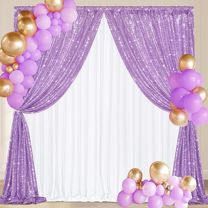 Wedding Sequin Backdrop Lavender 2 Pcs 5FTx10FT Glitter Curtain Backdrop Arch - Image 2
