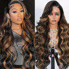 Body Wave Highlight Ombre Lace Front Wig Human Hair 13x4 Full Frontal Lace Wig Skinlike Swiss HD Lace 0.10mm Ultra-thin Invisible 200 Density 100% Real Human Hair Pre-plucked Tiny Knots Balayage Brown