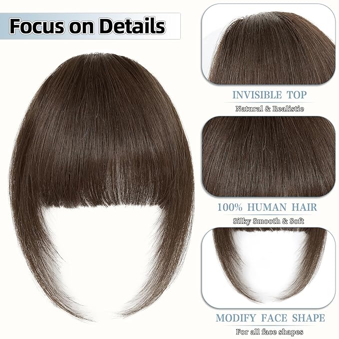 Clip In Bangs for Women, Medium Brown French Bangs Hair Clip with Temples, 100% Real Human Hair Layered Curved Fringe for Halloween and Daily Use(Medium Brown, French Bangs)