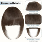Clip In Bangs for Women, Medium Brown French Bangs Hair Clip with Temples, 100% Real Human Hair Layered Curved Fringe for Halloween and Daily Use(Medium Brown, French Bangs)
