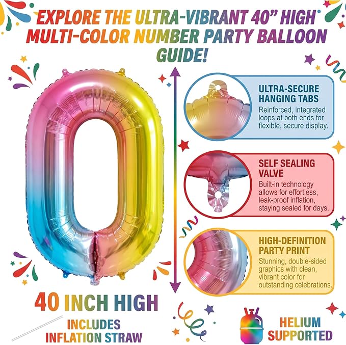 40" Rainbow Foil Number 0 Balloon - Image 2