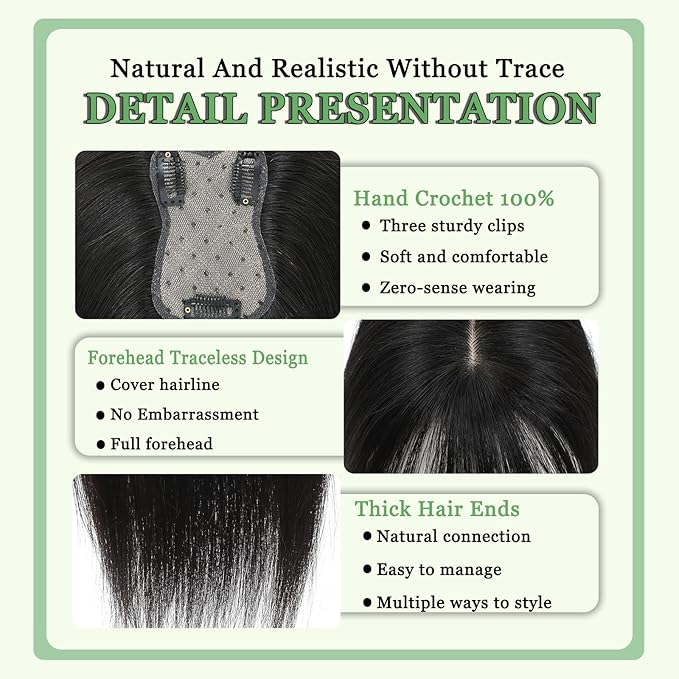 Hair Toppers for Women Real Human Hair, 360°3D Bangs Clip Human Toppers for Women with Thinning hair Realistic Scalp Line (Black, 3D French Bangs(11 * 7))