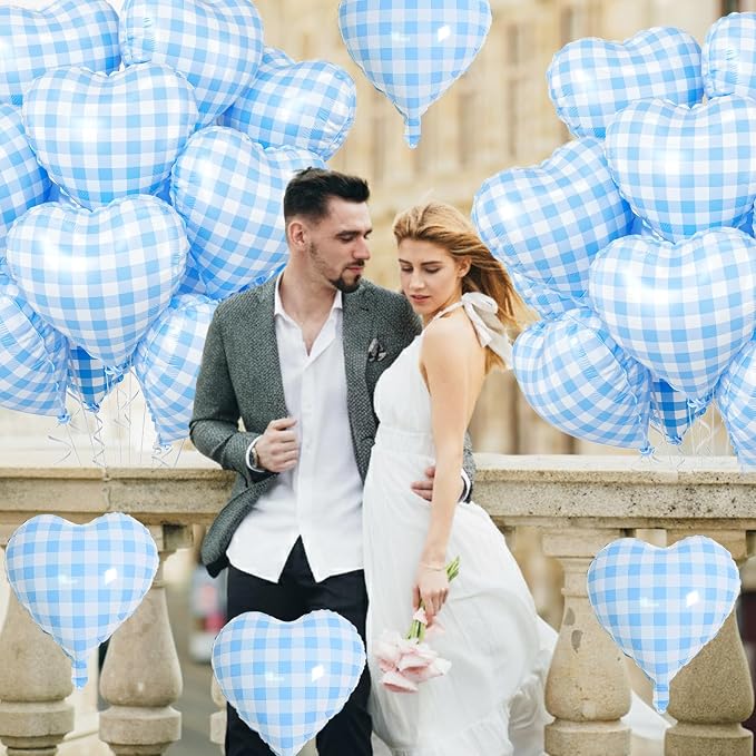 Blue White Checkered Heart Balloons, 18 Inch Lattice Foil Valentines Balloons - Image 7