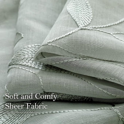 HOMEIDEAS Sage Green Sheer Curtains 52 X 63 Inches Length 2 Panels Embroidered - Image 4