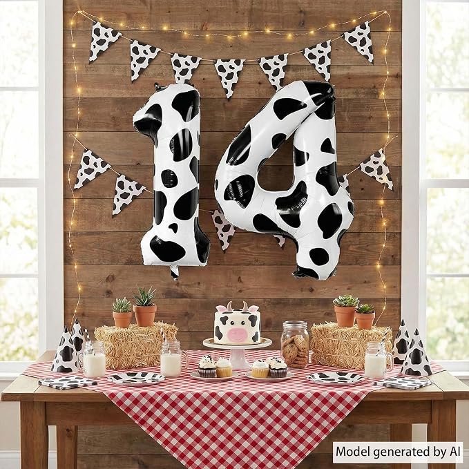 40 Inch Cow Print Number 14 Balloon Set, Giant Black and White Foil Number - Image 6