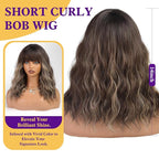 Brown Curly Bob Wig with Bangs Short Wavy Brown mix Blonde Highlight Wigs for Women Lob Haircut Synthetic Heat Resistant Bob Wigs 14IN…